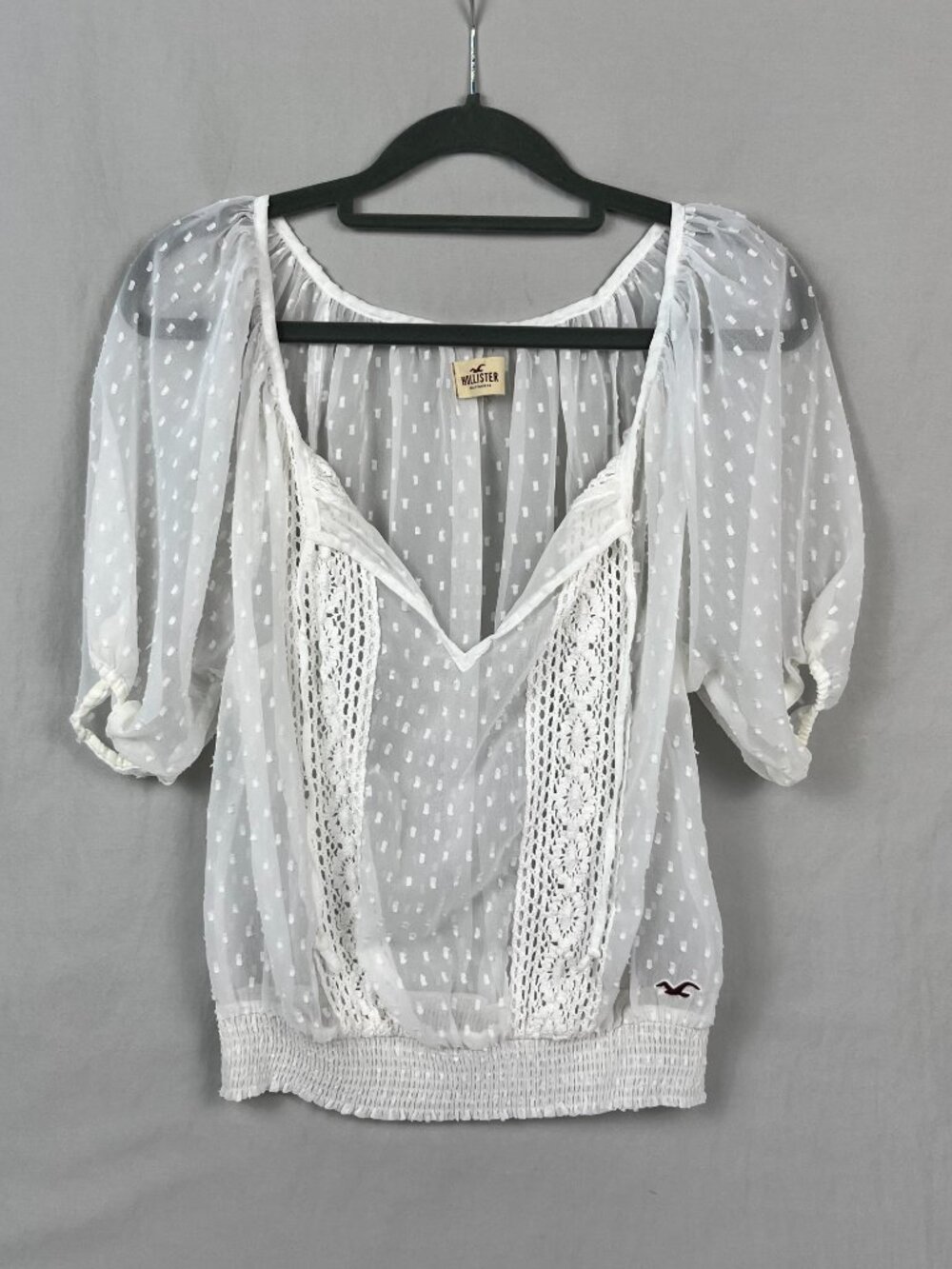 Hollister Sheer White Swiss Dot Crochet Peasant Blouse Boho Hippie Cottagecore